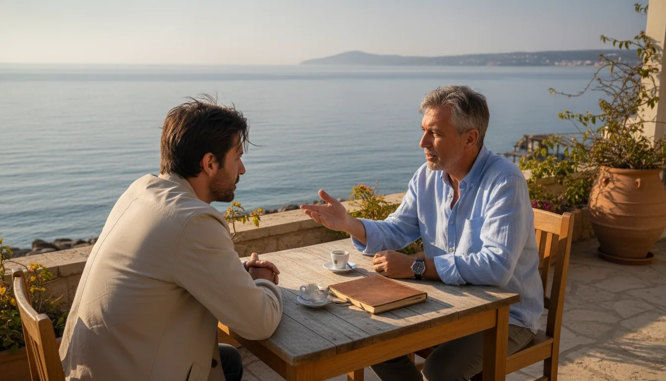 Business-Mentor-Gespräch mit einem Zypern-Gründer auf einer sonnigen Terrasse in Paphos