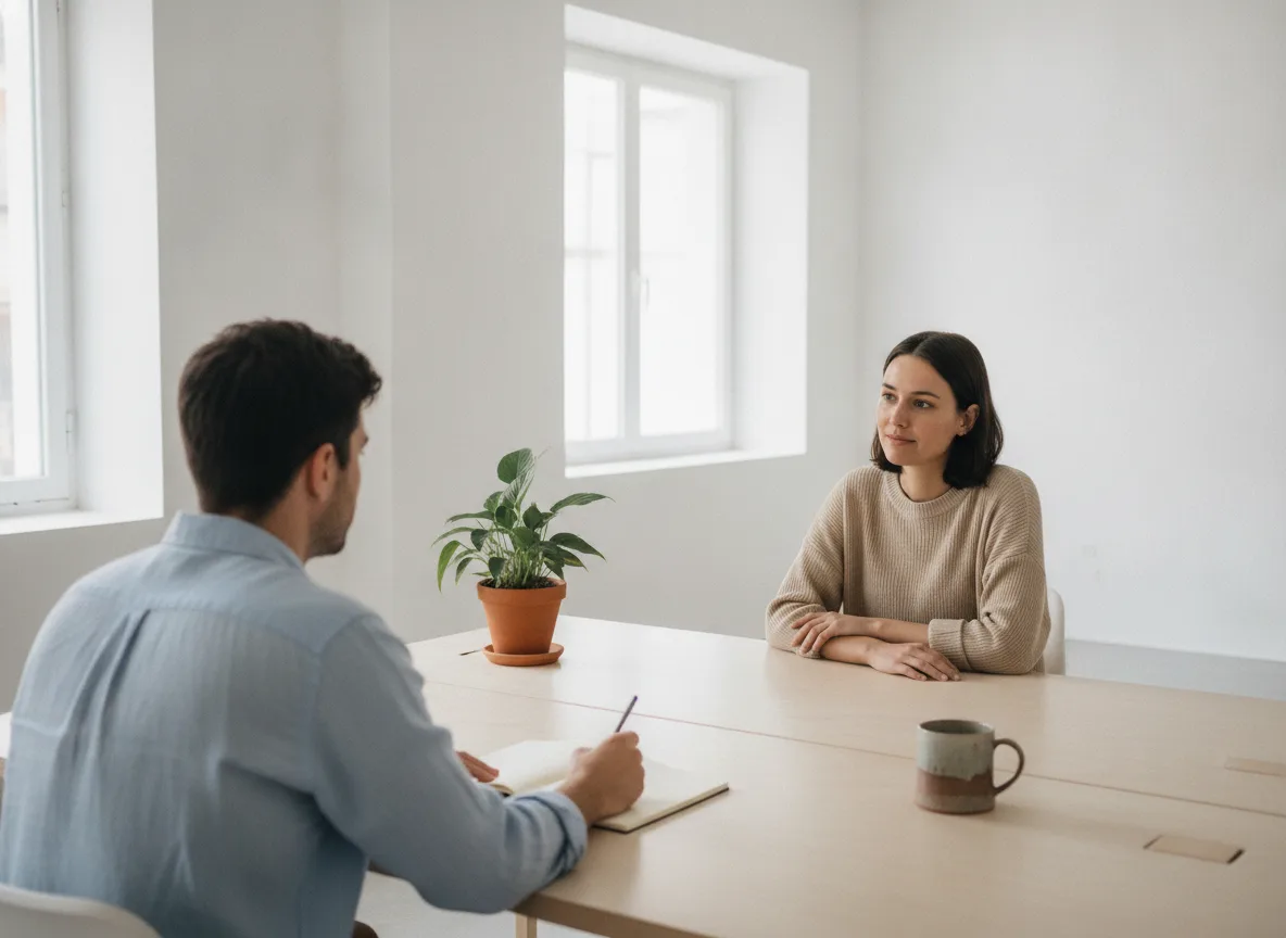 Mentor und Gründer vergleichen ihre Rollen in einem ruhigen Co-Working-Space in Zypern
