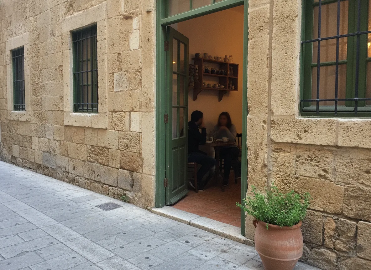 Zwei Gründer bei einem Treffen in einem lokalen zypriotischen Cafe, das die Geschäftswelt der Insel widerspiegelt