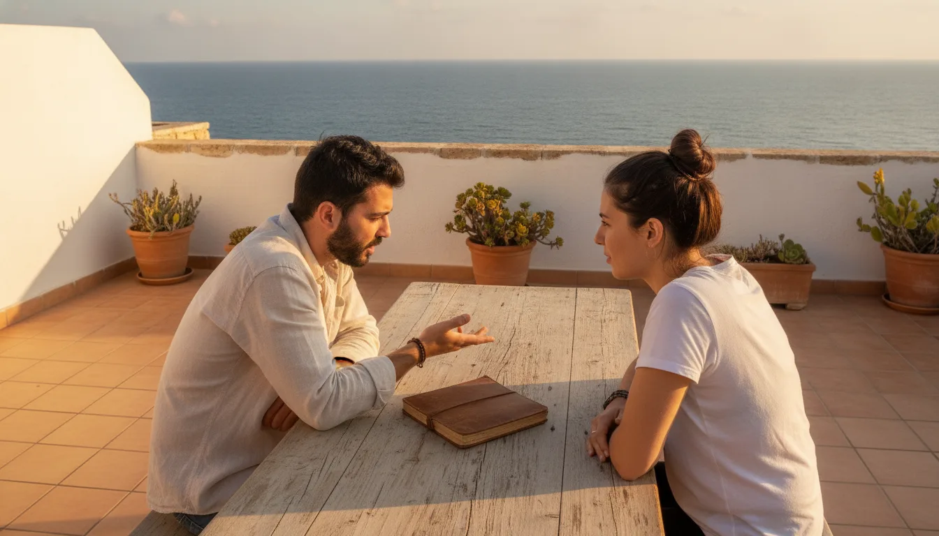 Business Mentoring Cyprus: Session auf einer sonnigen mediterranen Terrasse mit zwei Fachleuten