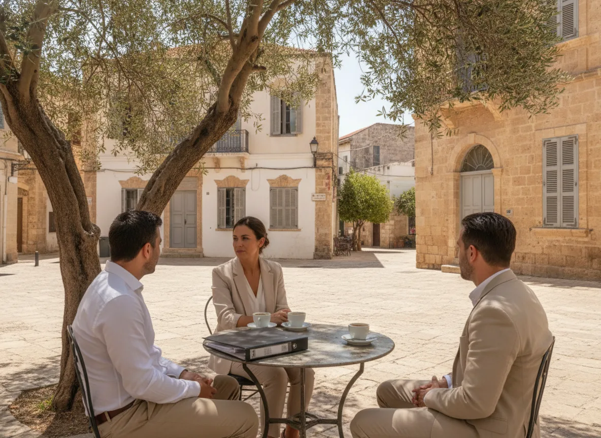 Kleine Gruppe trifft sich im Freien in Zypern und erkundet ein gefördertes Business-Mentoring-Programm