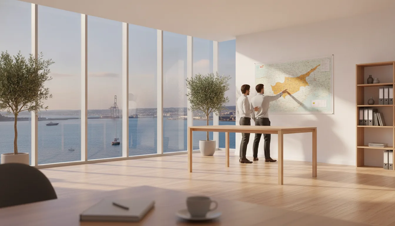 Cyprus-SEO-Agentur-Team bespricht Strategie in einem hellen Büro mit Hafenblick