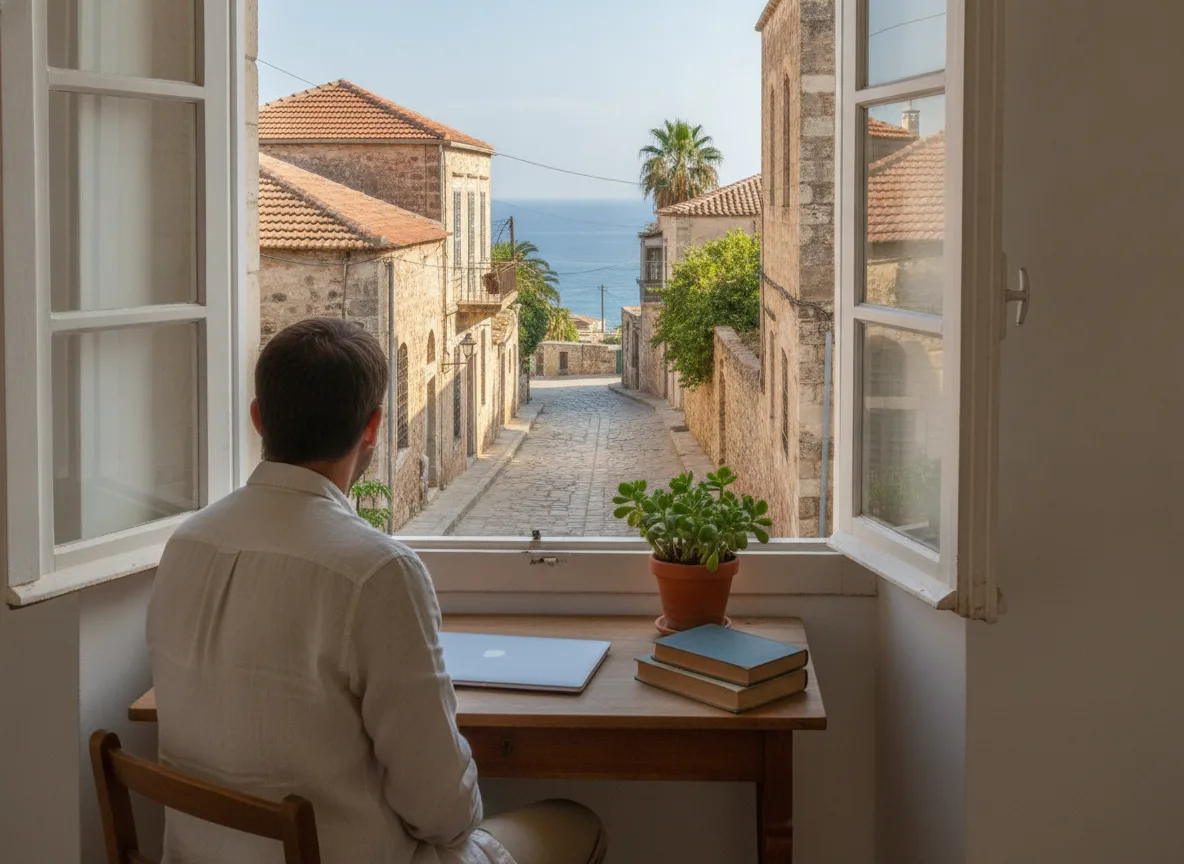 Person an einem Schreibtisch mit Blick auf eine mediterrane Küstenstadt, der lokale und Remote-Optionen abwägt