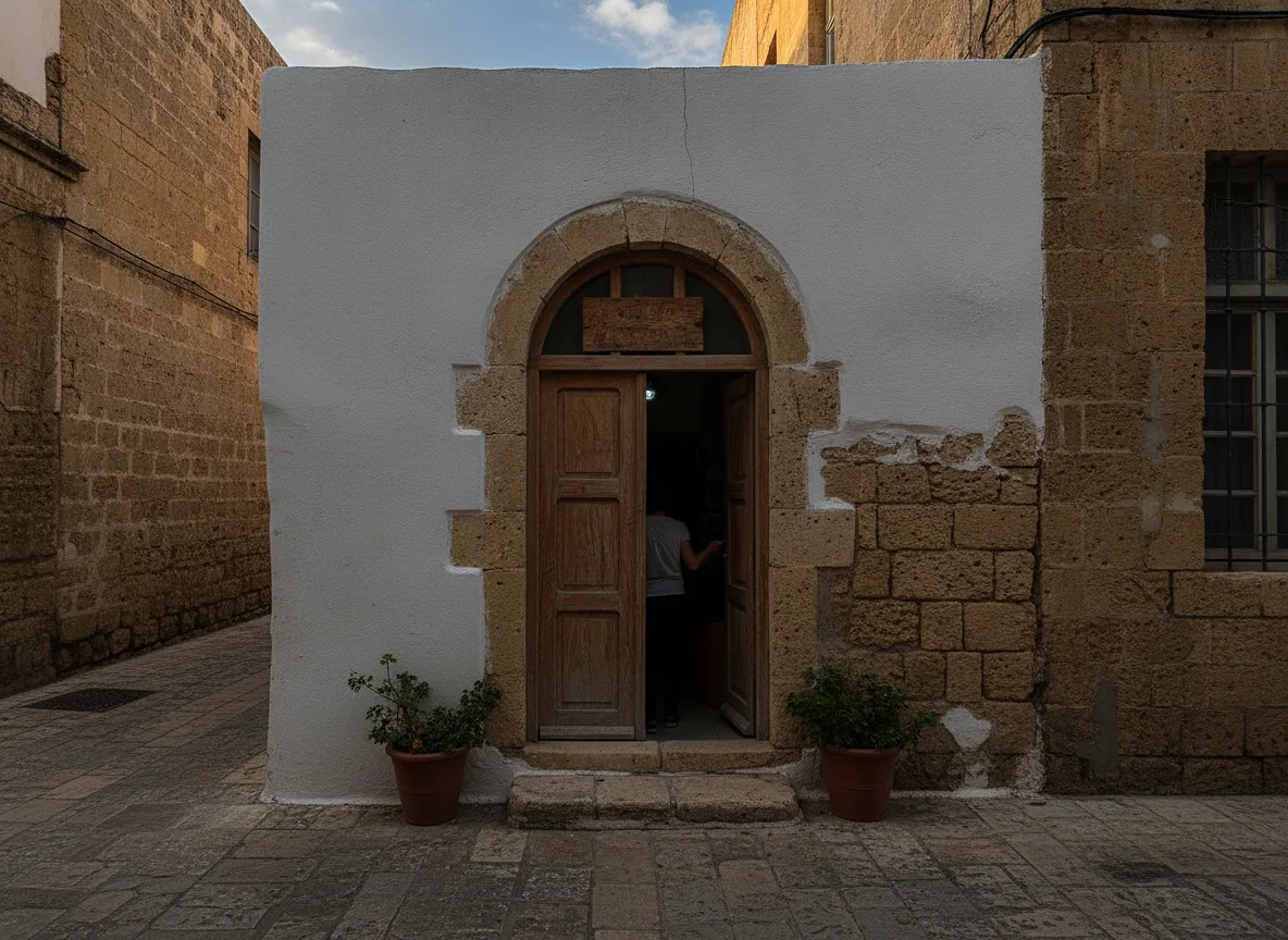 Small business owner at a shop doorway in a Cypriot old town alley