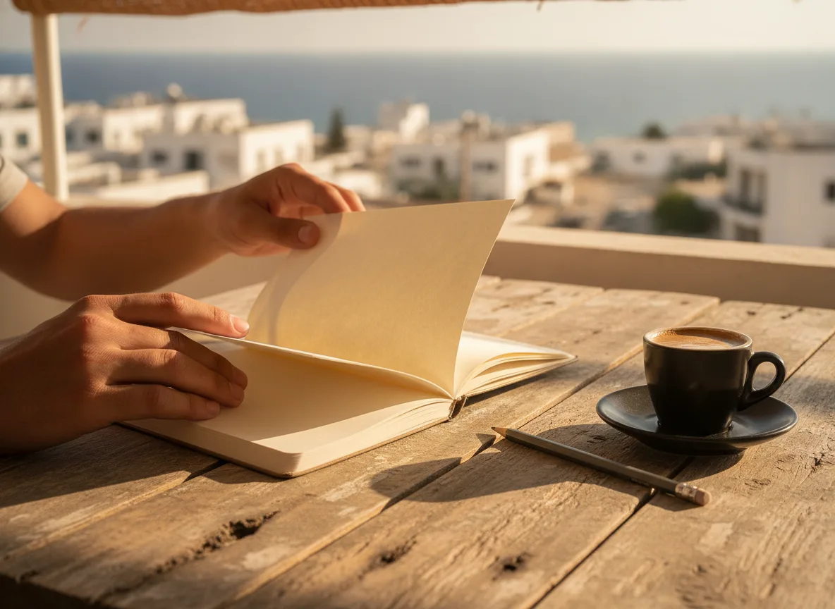 Hands turning notebook pages at an outdoor cafe table in Cyprus