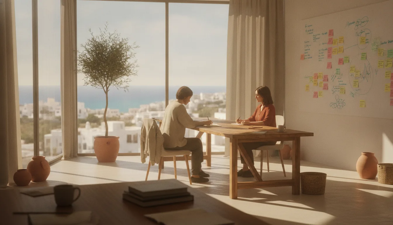 Cyprus social media agency team planning strategy in a sunlit coastal office