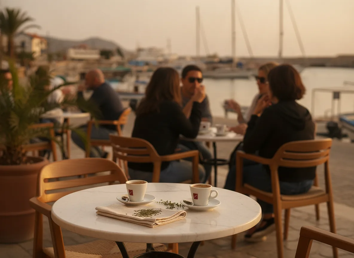 Busy harbour cafe terrace in Cyprus showing a connected local community
