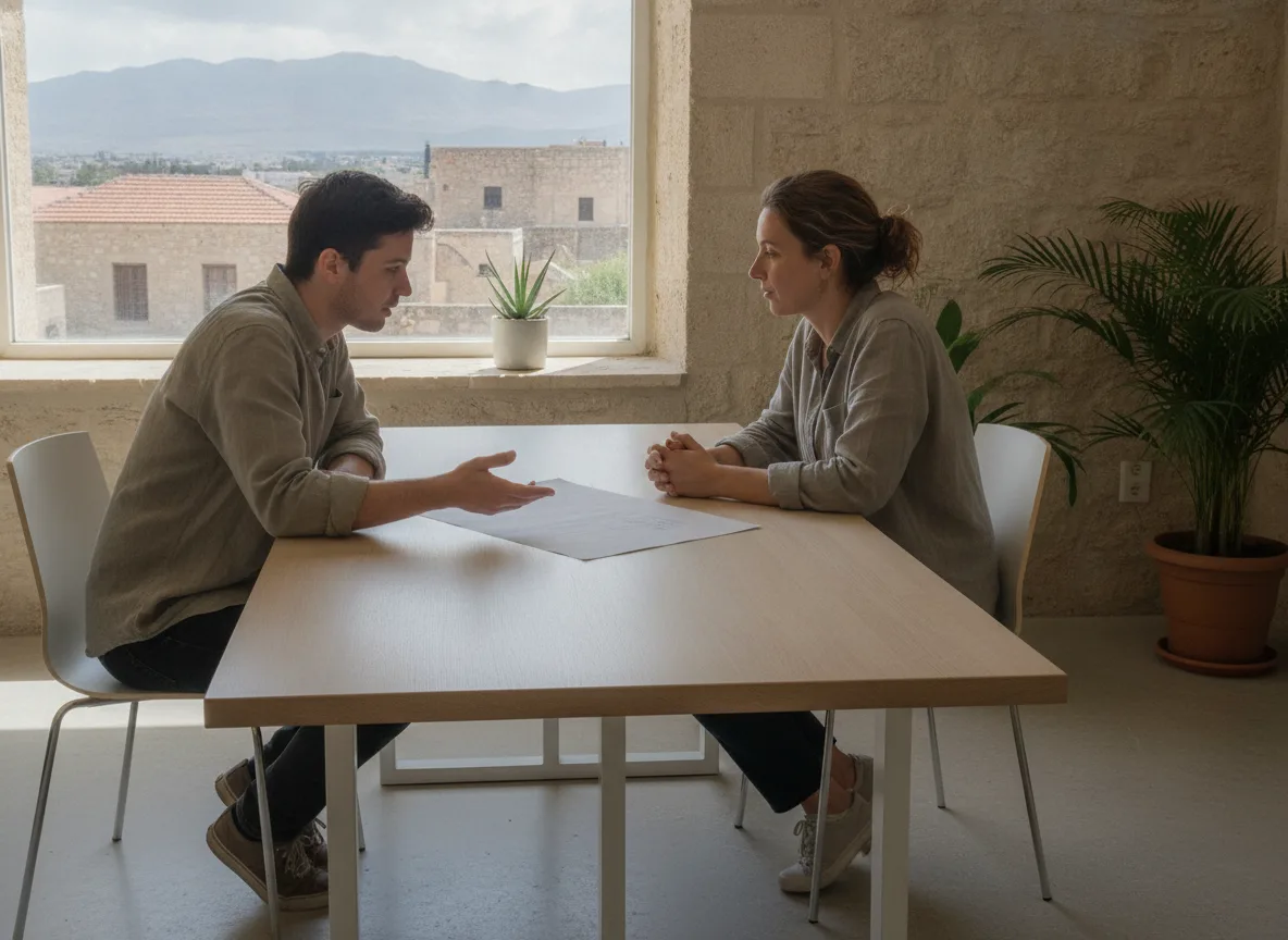 Two professionals reviewing a proposal together at a quiet office table in Cyprus