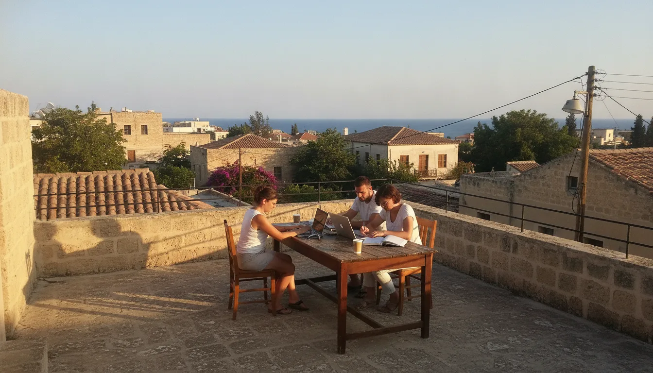 Digital agency Cyprus workspace with laptop sea view and morning light