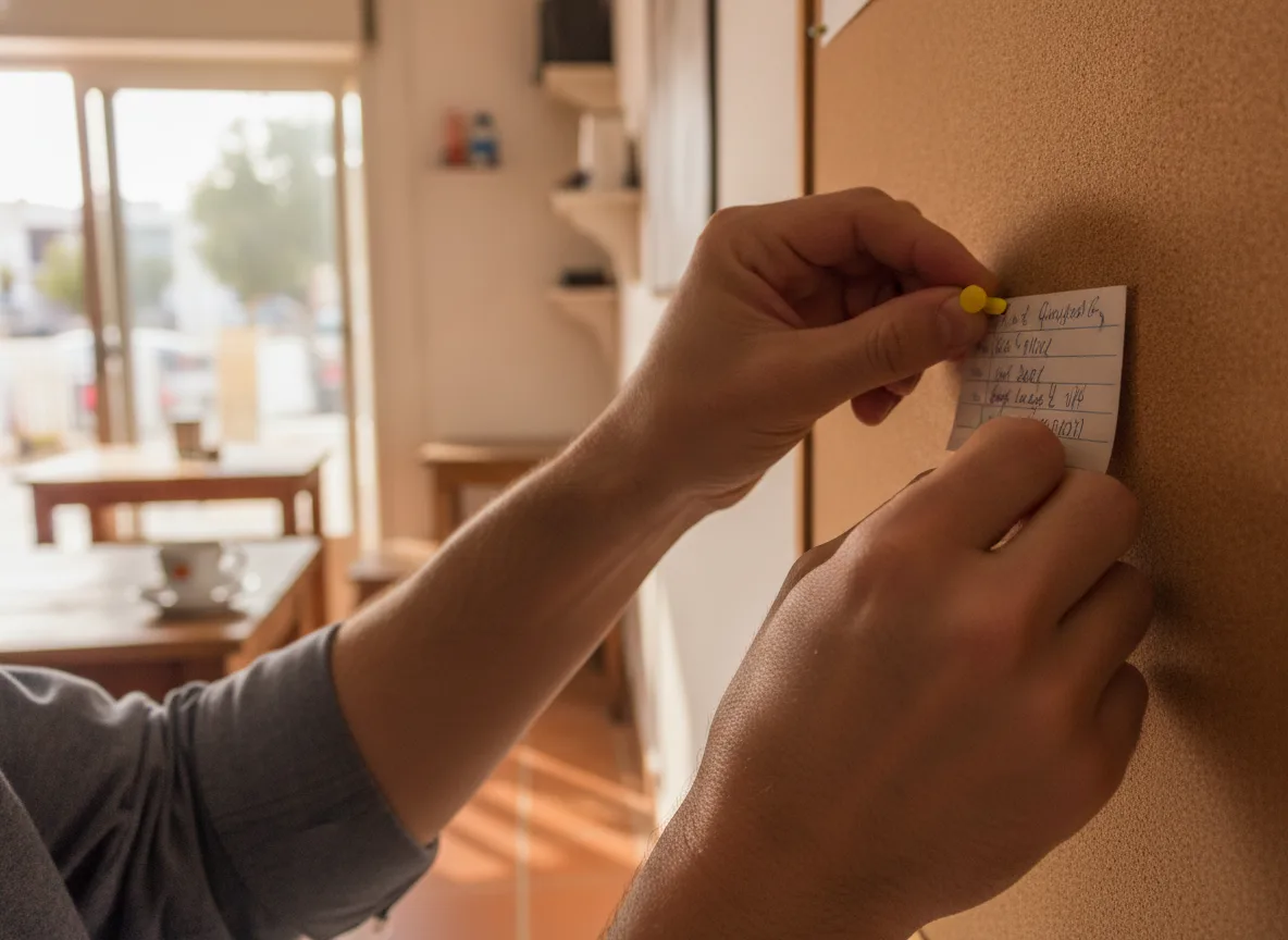Hands pinning a local business contact card on a cork board in Cyprus