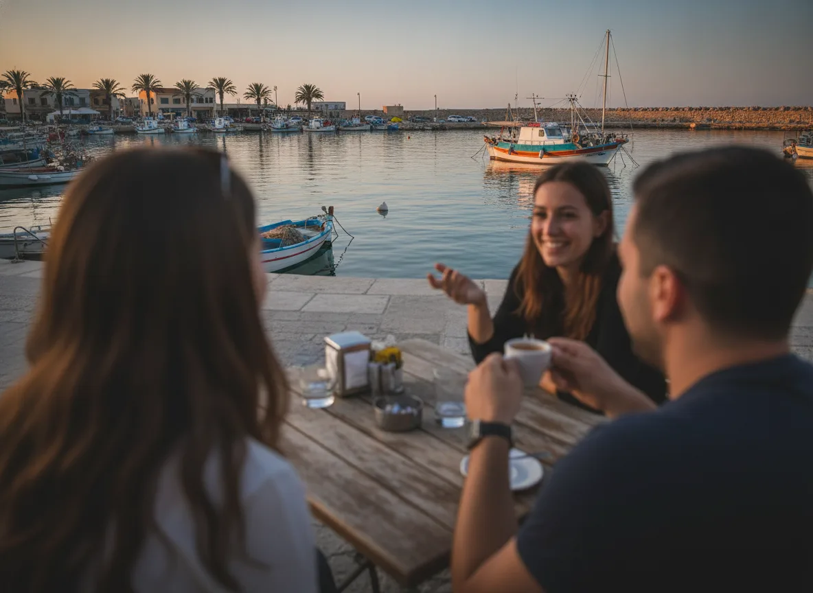 People talking at a Cyprus harbour cafe illustrating social referral marketing