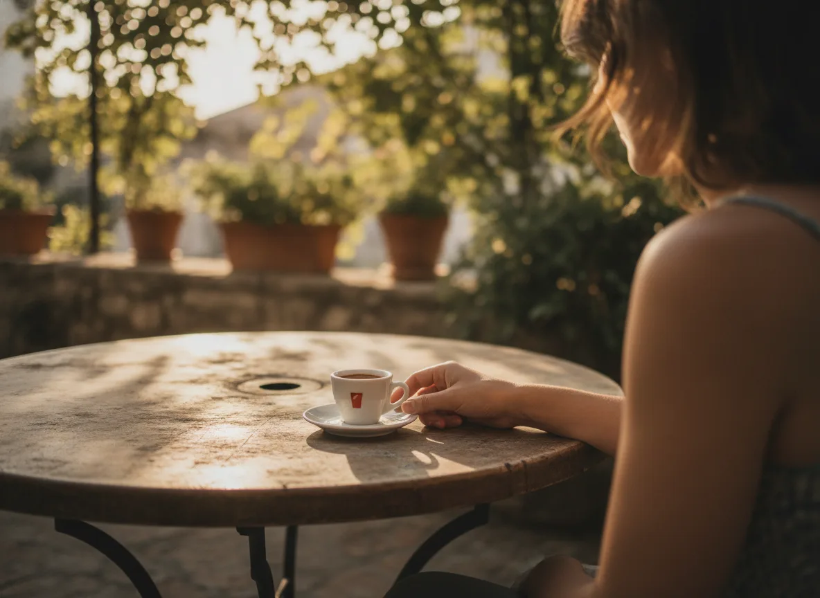 Customer relaxing at outdoor Cyprus cafe after a genuine positive experience