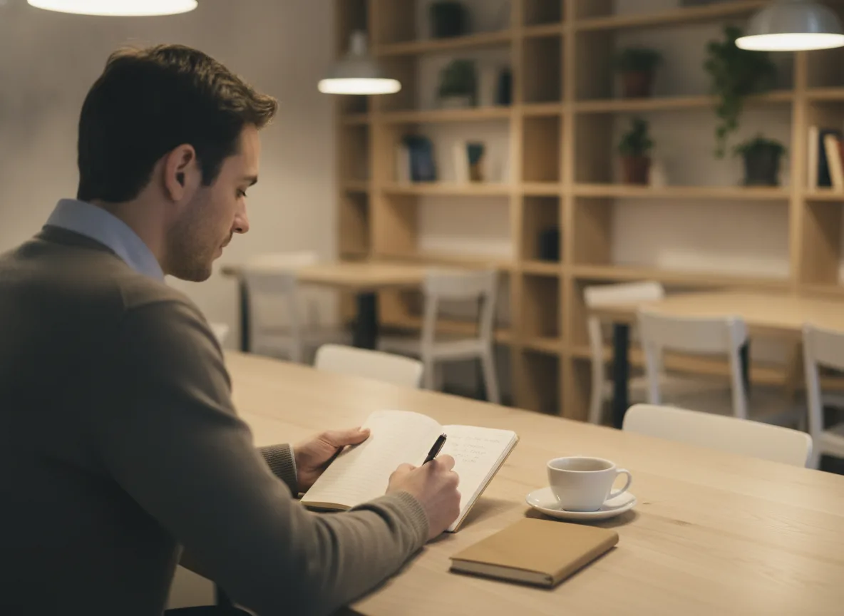 Business owner reviewing search performance notes with pen and notepad