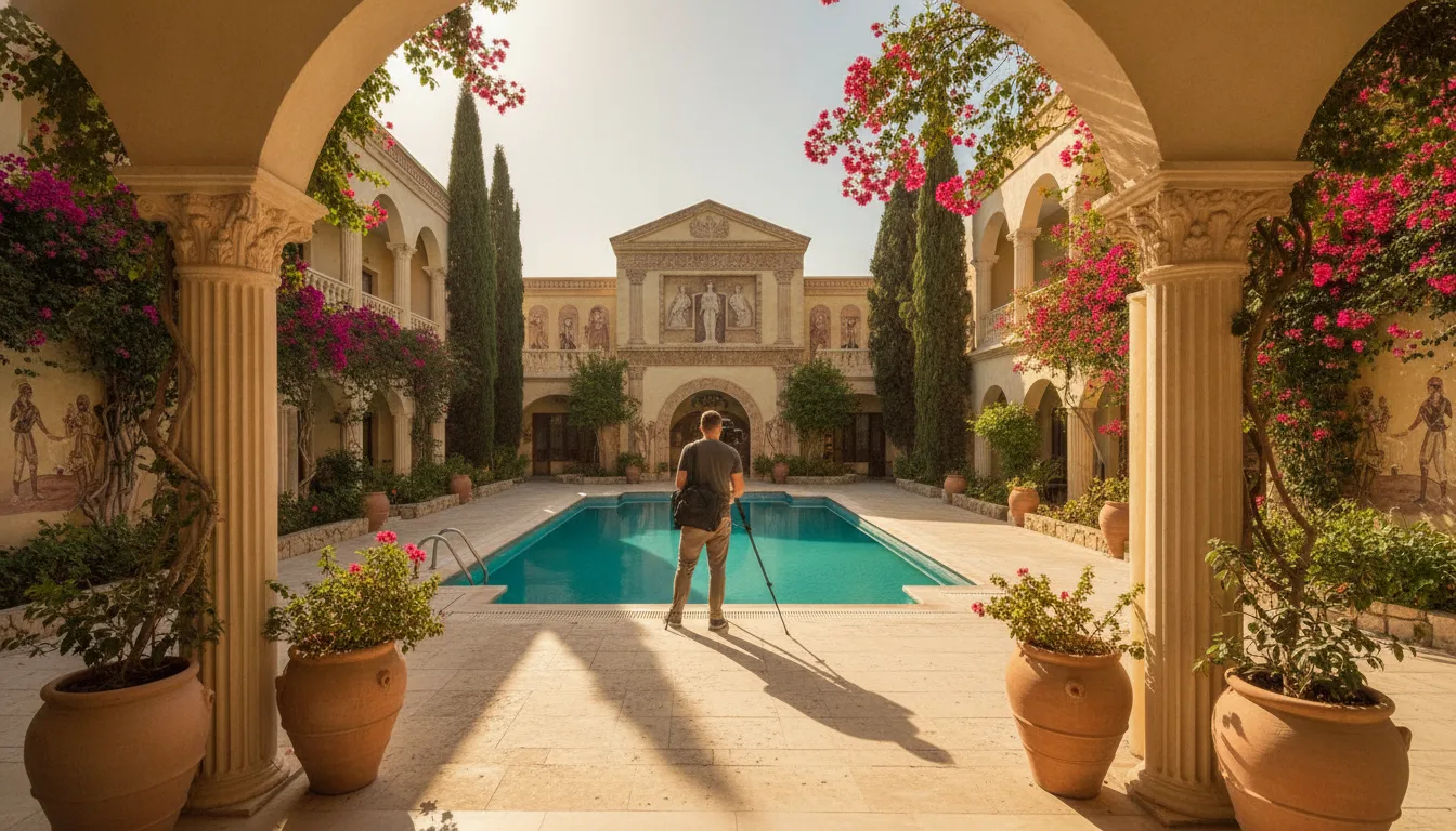 Photographer setting up hotel 360 virtual tour camera in sunlit Cyprus courtyard