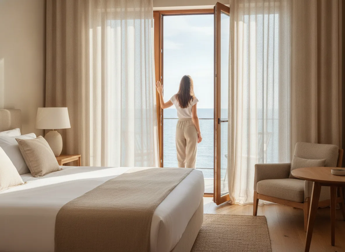 Hotel guest looking out from boutique room balcony toward calm sea