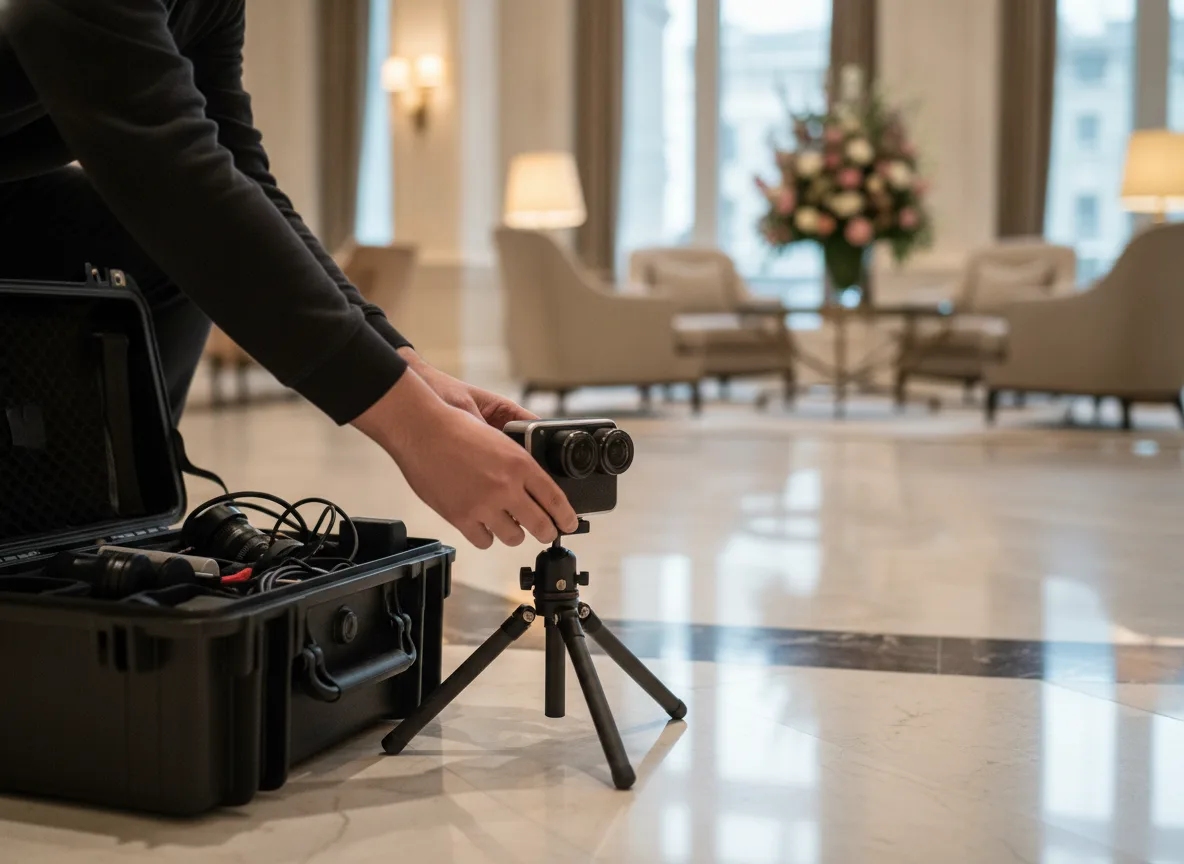 Photographer adjusting 360 camera on tripod in bright hotel lobby