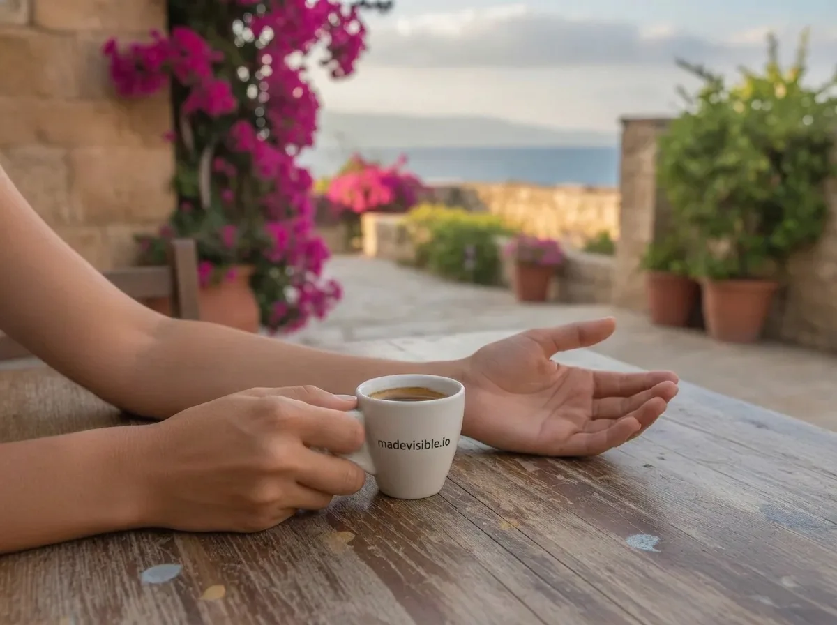 Hands at an outdoor café table representing a Cyprus business owner taking action