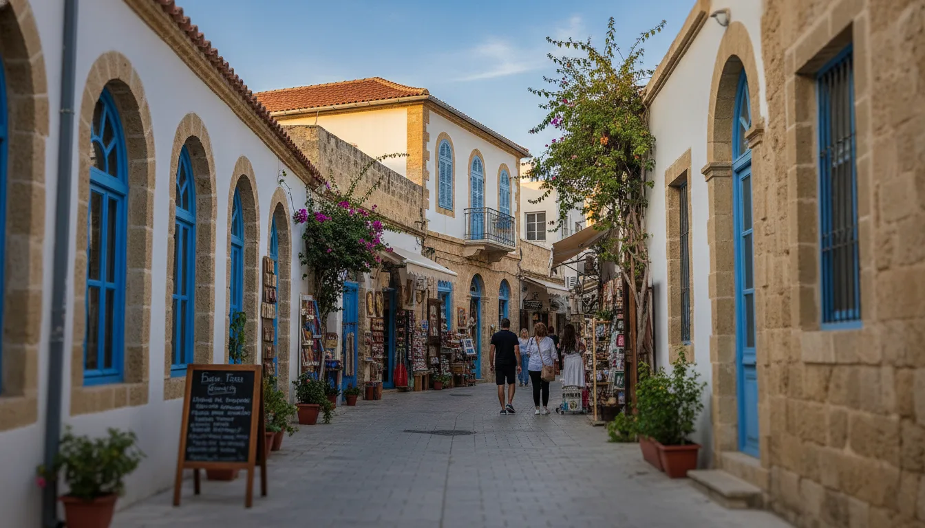 Local SEO Cyprus street scene with small businesses in a sunlit Cypriot town