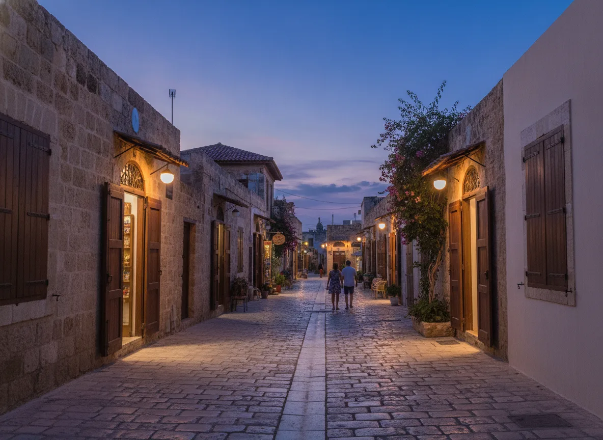 Quiet Cypriot town street at dusk showing local business district