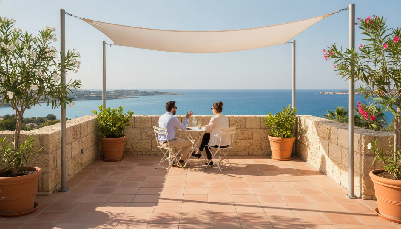 Marketing agency Paphos meeting on sunlit terrace overlooking Mediterranean