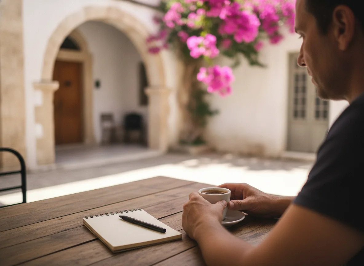 Person with notebook and coffee in quiet Paphos courtyard during agency briefing