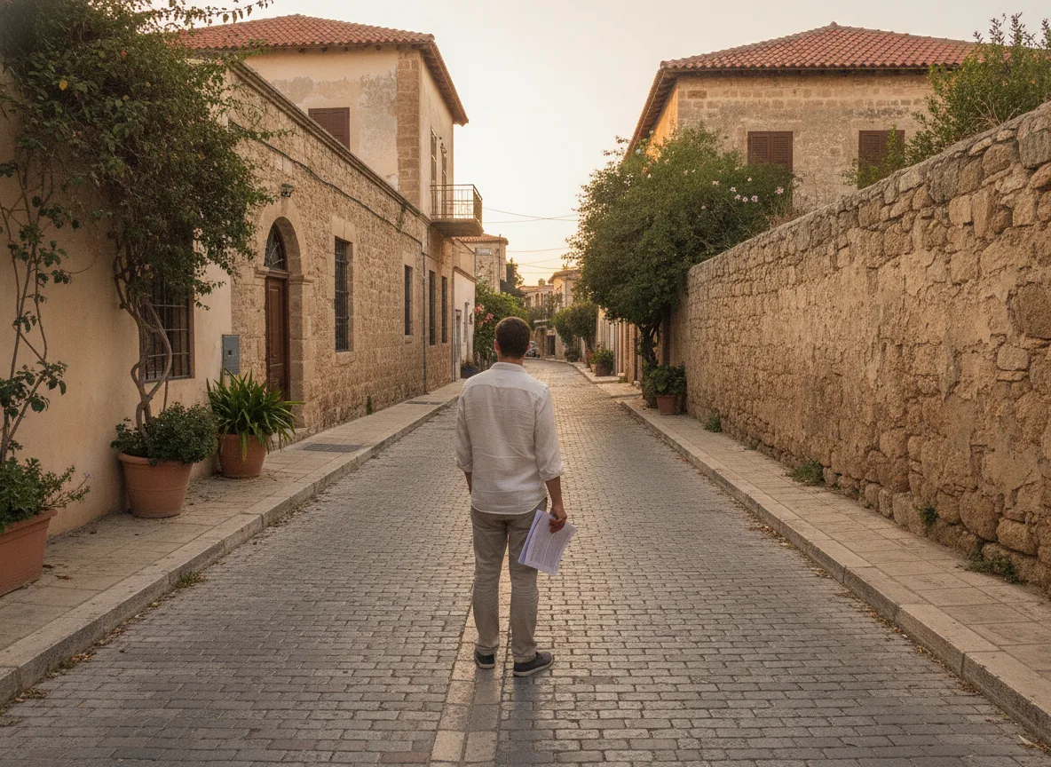 Person reviewing agency contract on a quiet Paphos street at golden hour