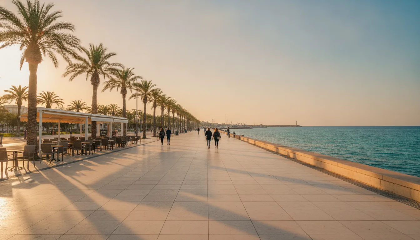 Larnaca seafront promenade at golden hour illustrating marketing Larnaca opportunities
