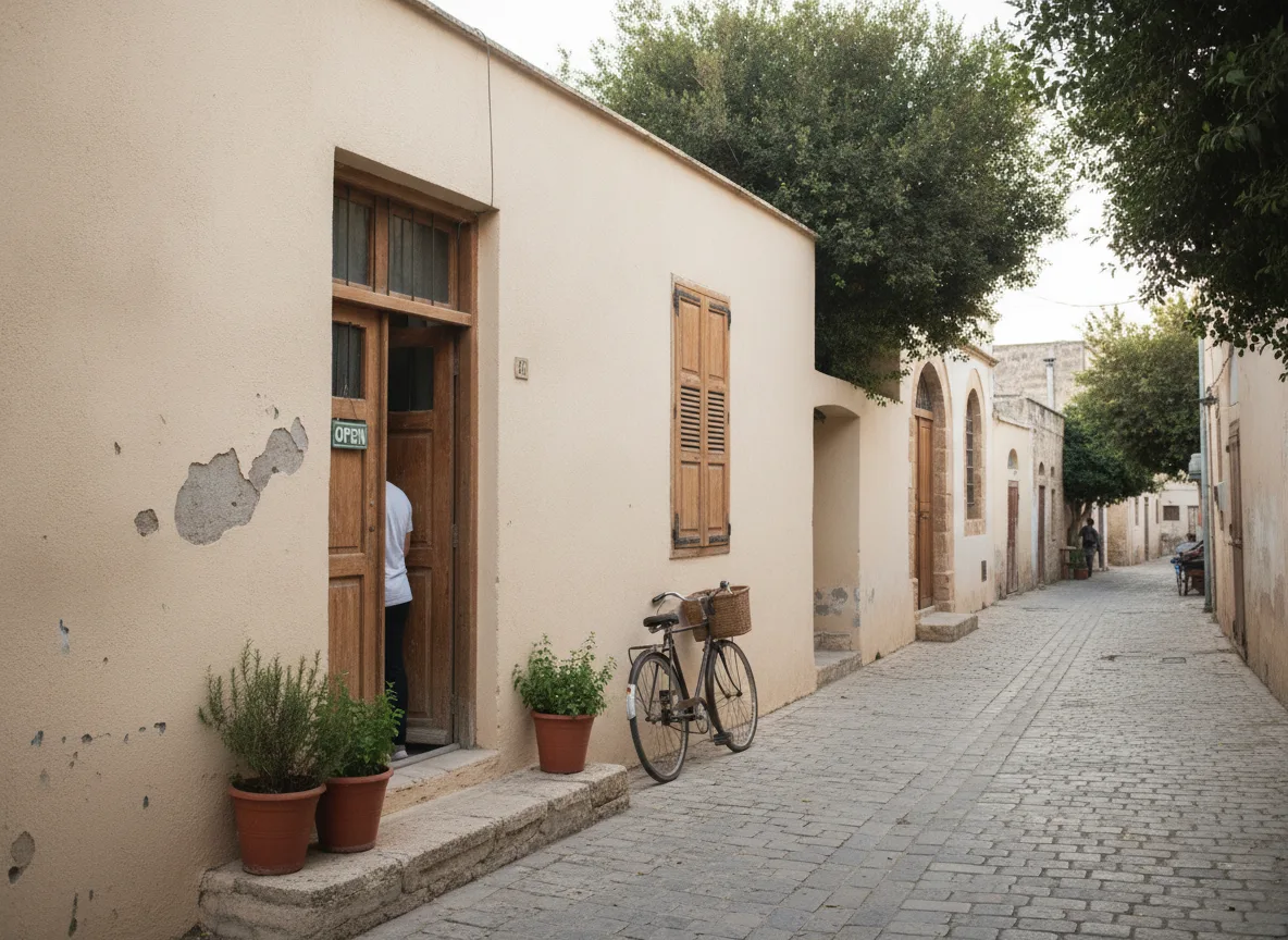 Small independent shop on a quiet Larnaca side street in morning light