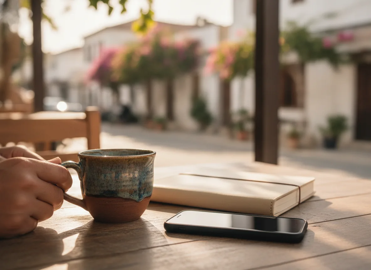 Coffee cup and closed notebook on a sunlit Larnaca cafe table