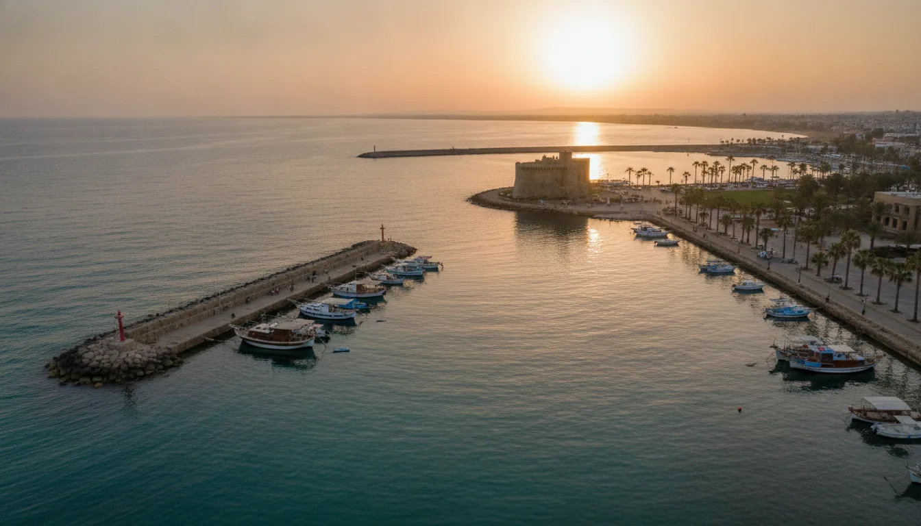 Hafen von Paphos bei Sonnenuntergang als Illustration zur lokalen Marketing-Strategie für Paphos