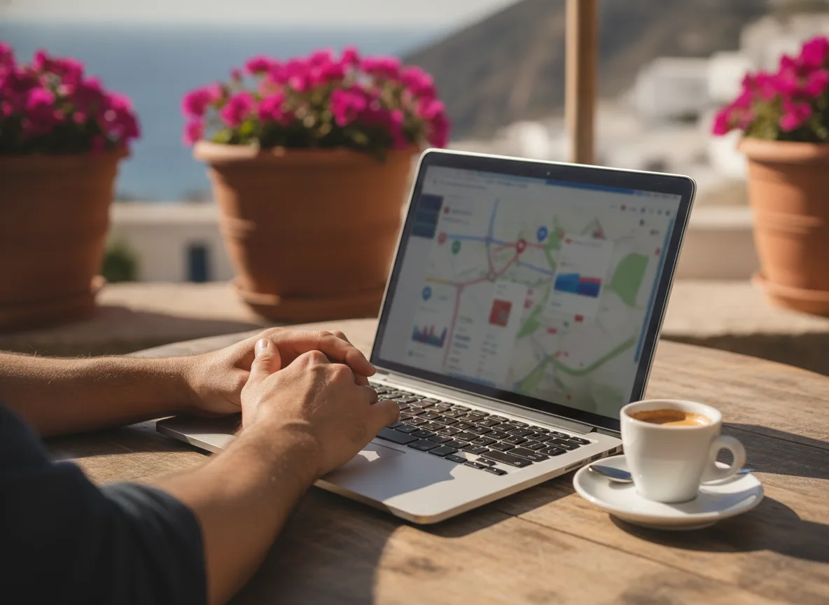 Laptop and coffee on outdoor table showing local digital channel research