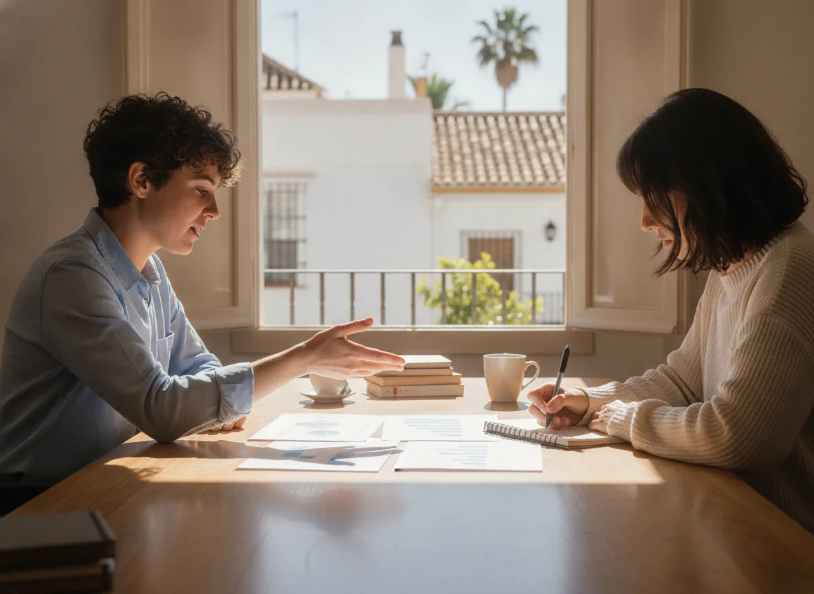Two people reviewing a marketing plan together in a sunny office
