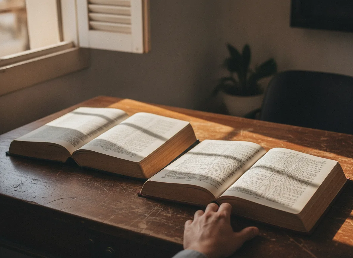 Griechische und englische Wörterbücher nebeneinander auf einem warmbeleuchteten Schreibtisch