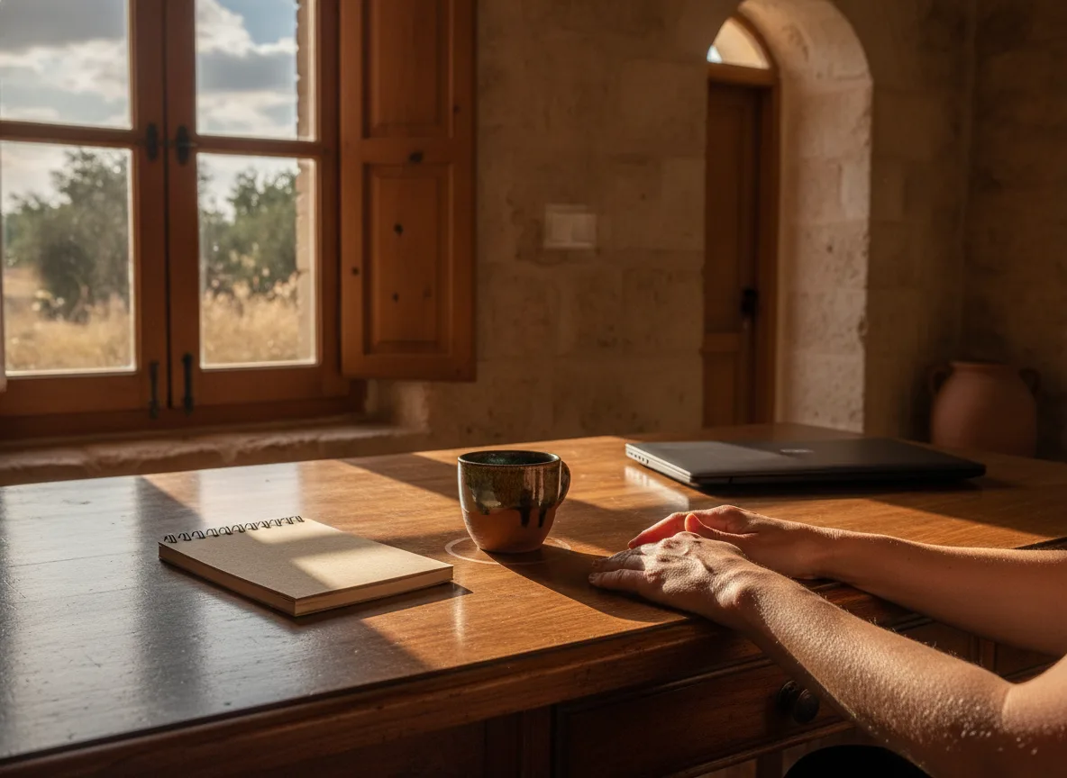 Hands resting on a wooden desk beside a closed laptop in a Cyprus office