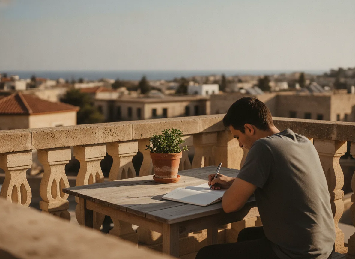 Person writing notes on a rooftop terrace overlooking a Cypriot coastal town