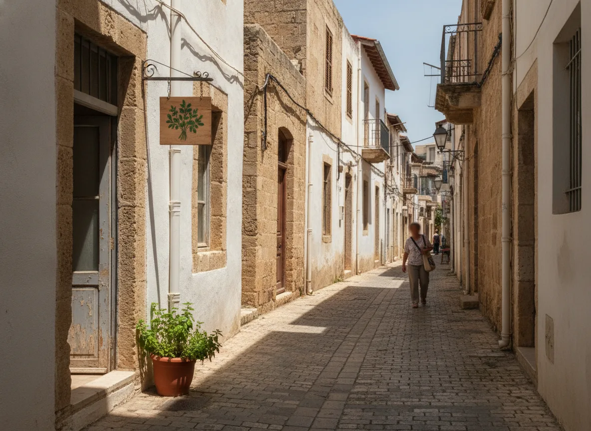 Quiet worn shopfront on a Cyprus old town street suggesting risks of cheap SEO