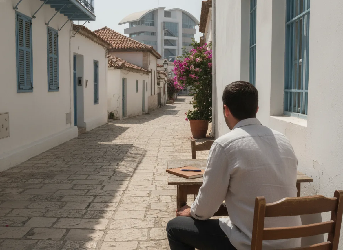 Person at outdoor Cyprus cafe table weighing freelancer versus agency SEO choice