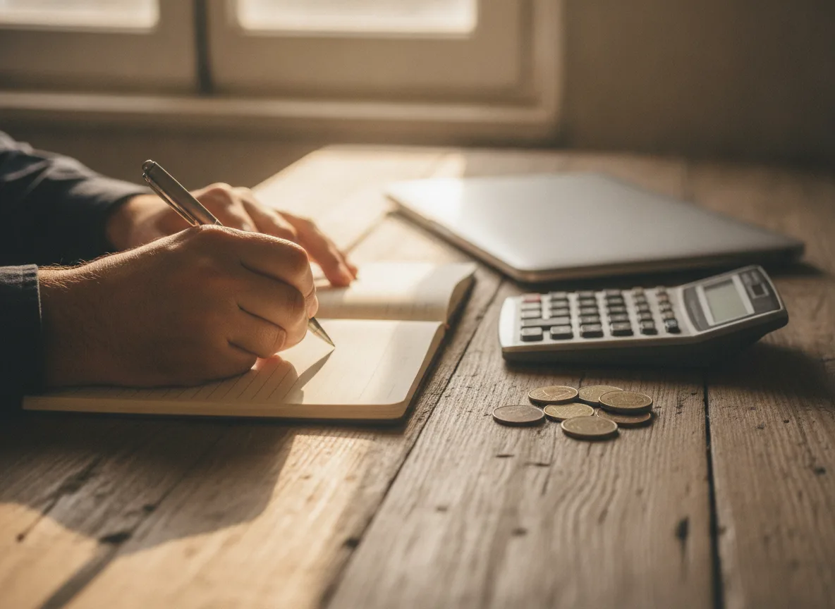 Hands writing SEO budget notes beside calculator and coins