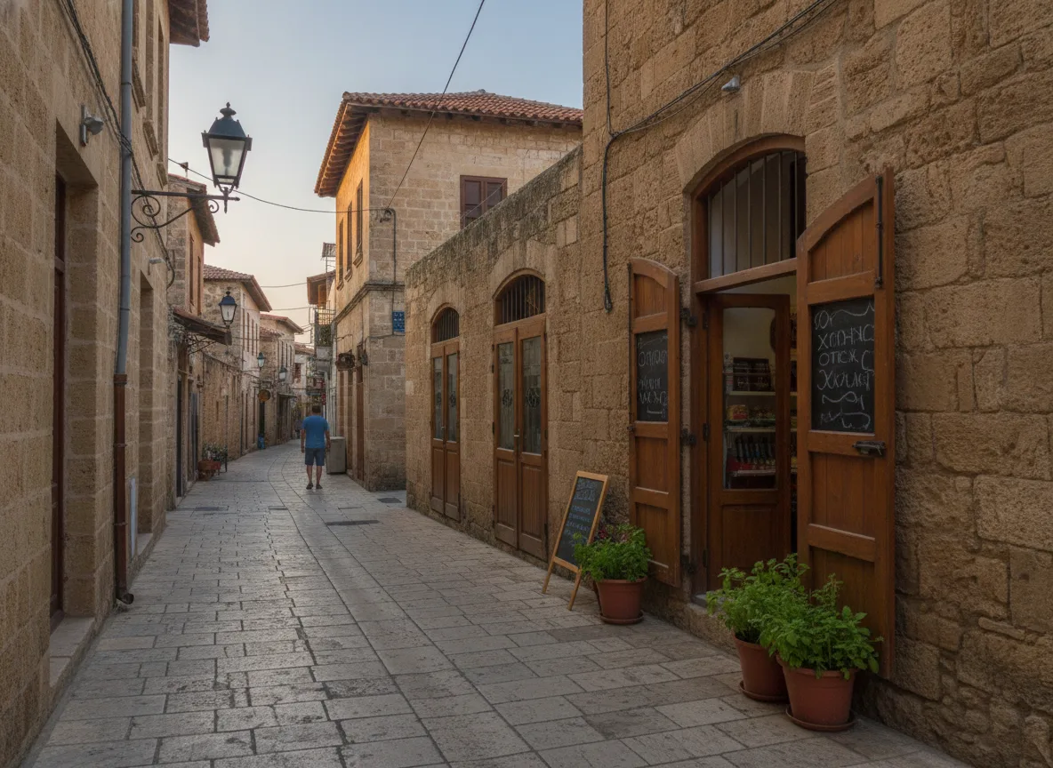 Quiet Cyprus town lane with local shops visible from street