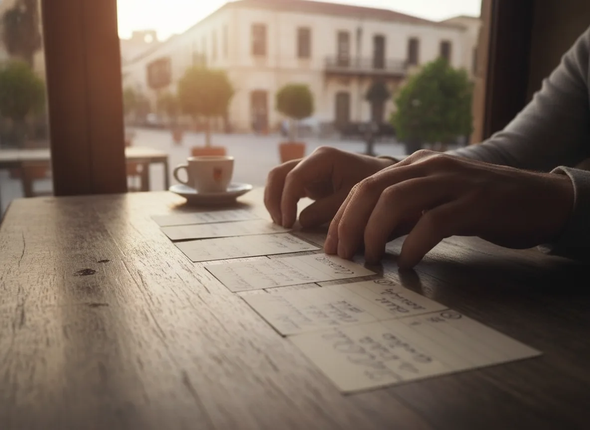 Hands organising cards on a wooden table showing search relevance and content structure