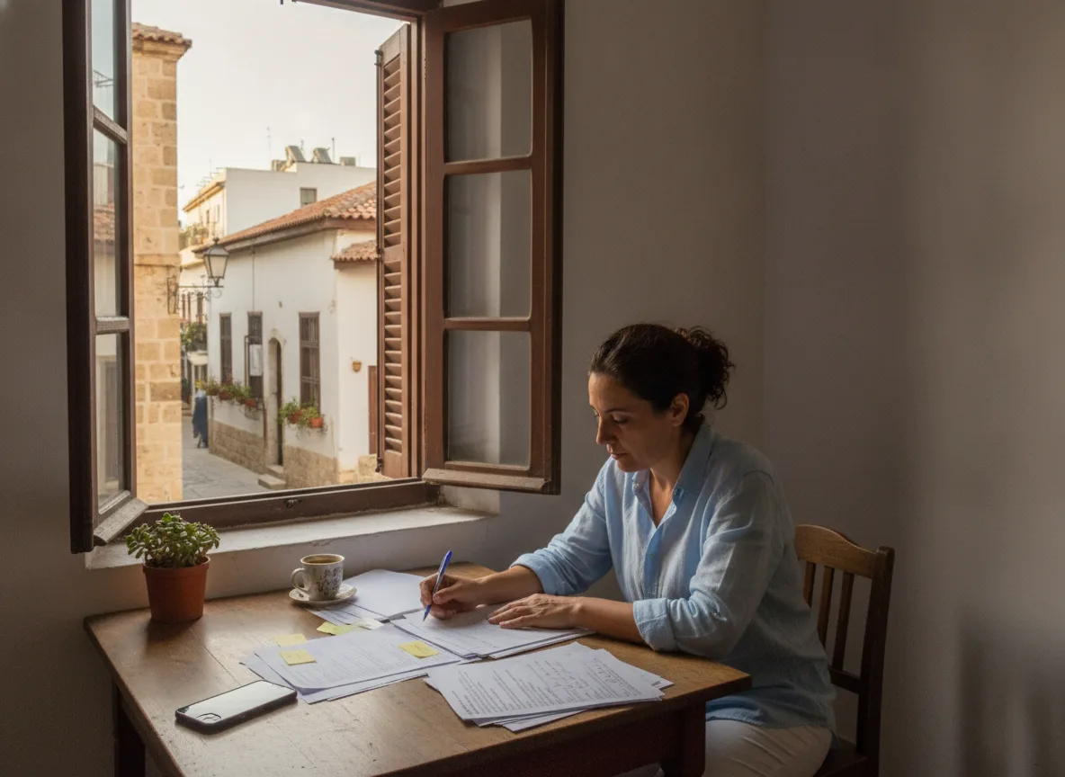 Small business owner reviewing notes at a desk planning a Cyprus SEO budget