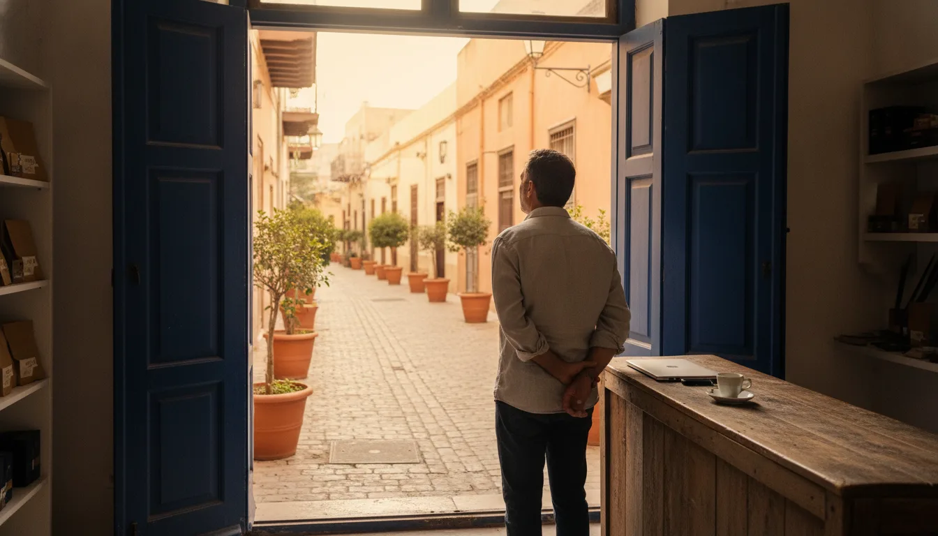 Cyprus business owner weighing SEO vs paid ads strategy at shop