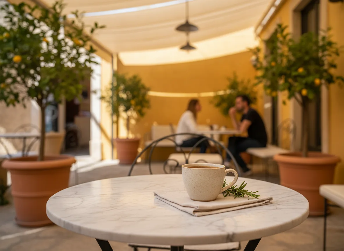 Sunlit Cyprus cafe terrace table showing local hospitality business atmosphere