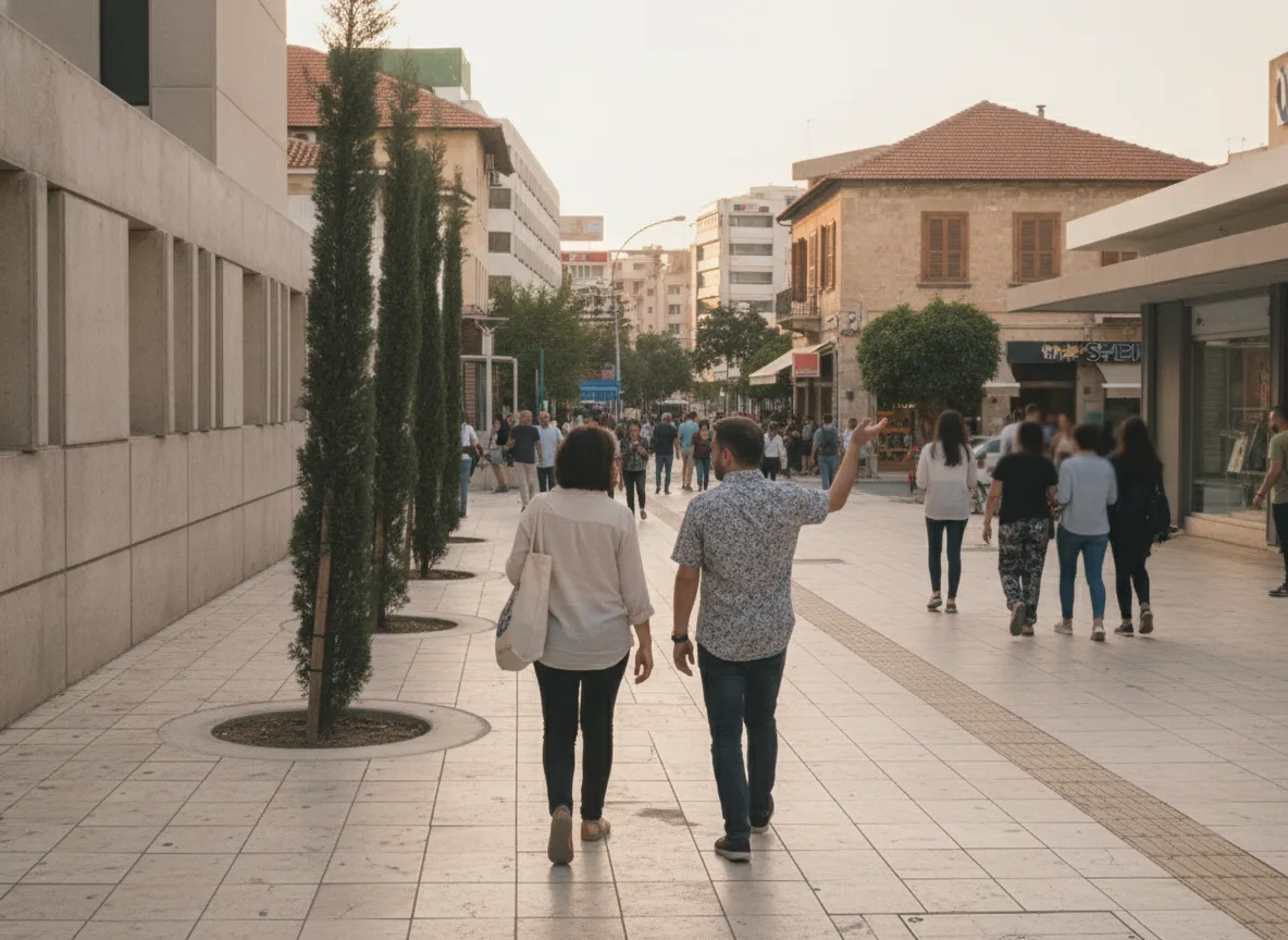 People walking a busy Cyprus town street reflecting a multilingual local market