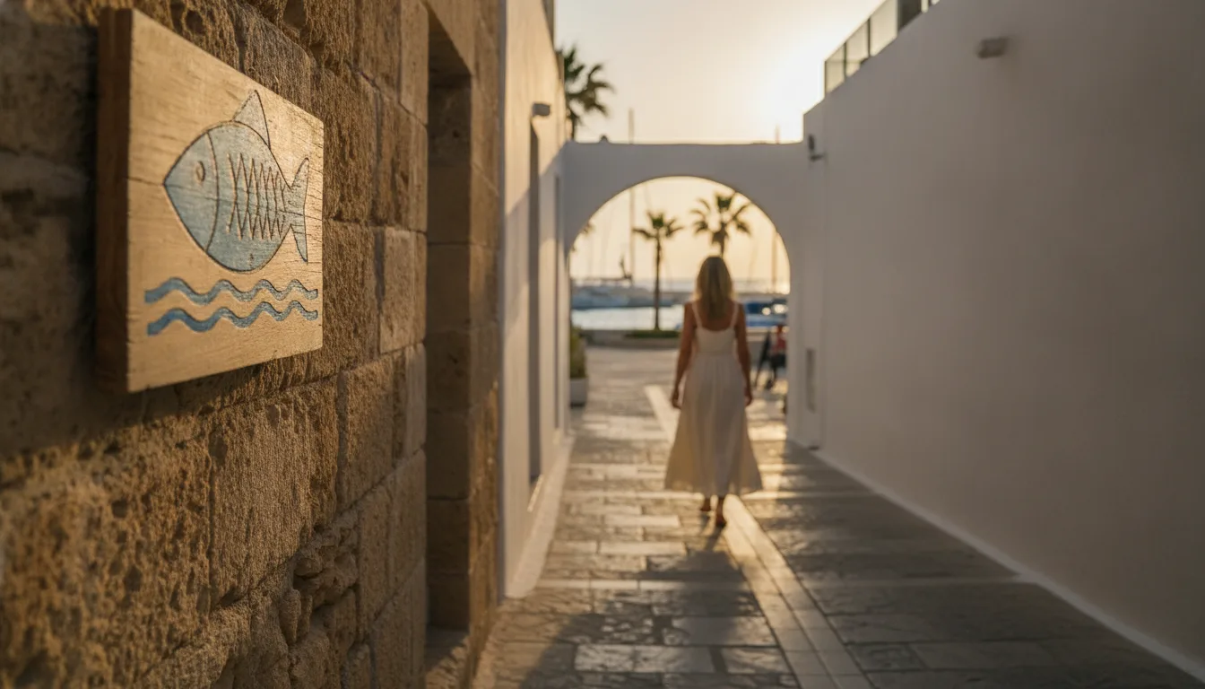 Webdesign Paphos Straßenszene mit Geschäftsschildern in der Nähe des Hafens