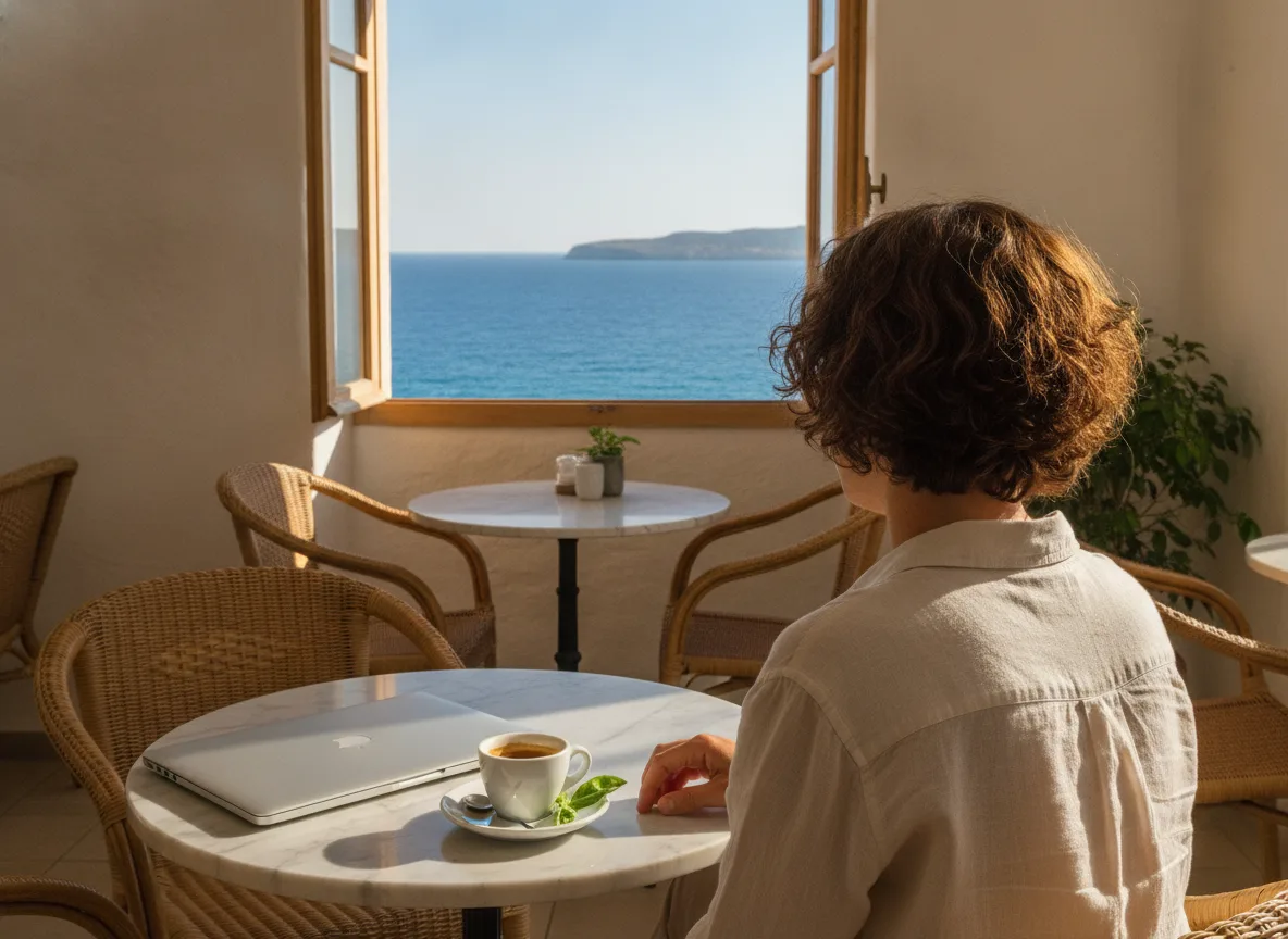 Person an einem Cafétisch mit geschlossenem Laptop und Blick auf die zyprische Küste