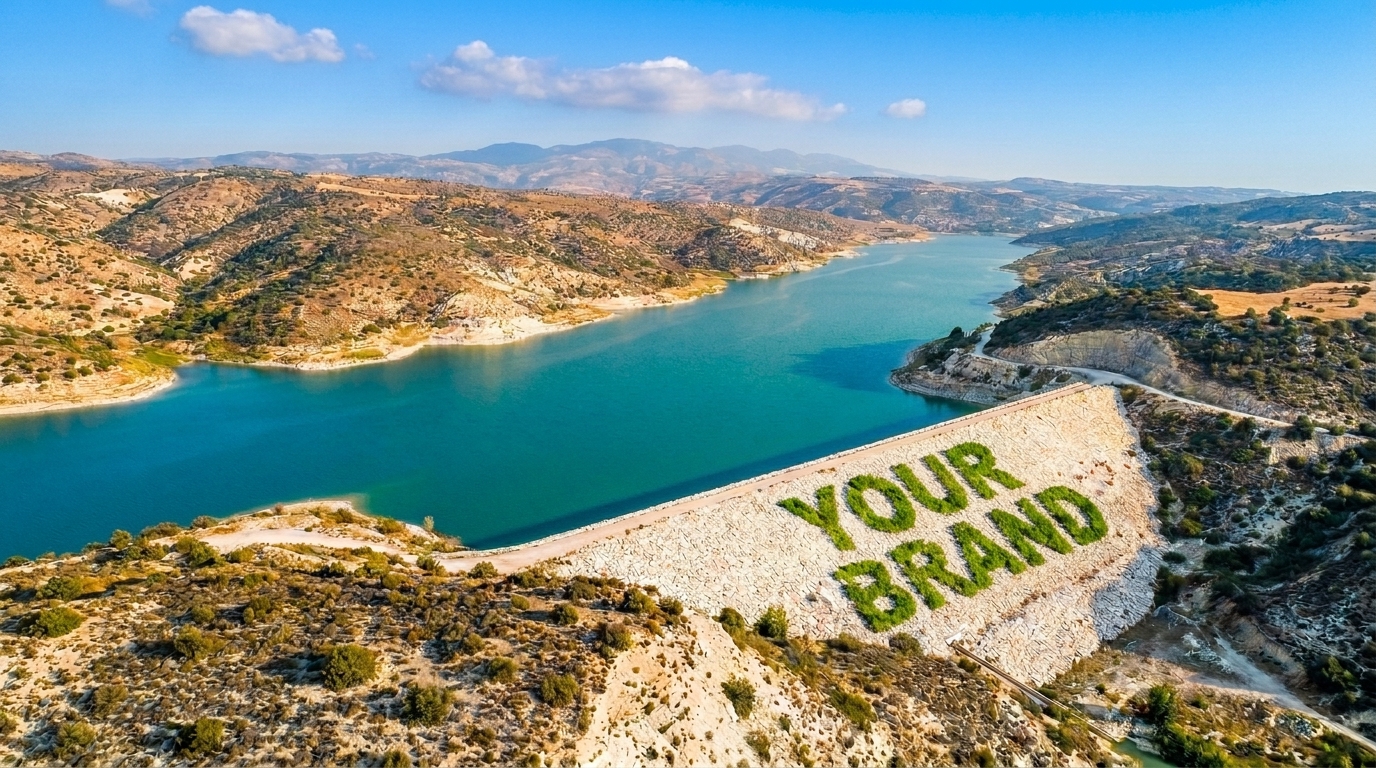 Aerial view of a dam with YOUR BRAND grown into the slope as green vegetation