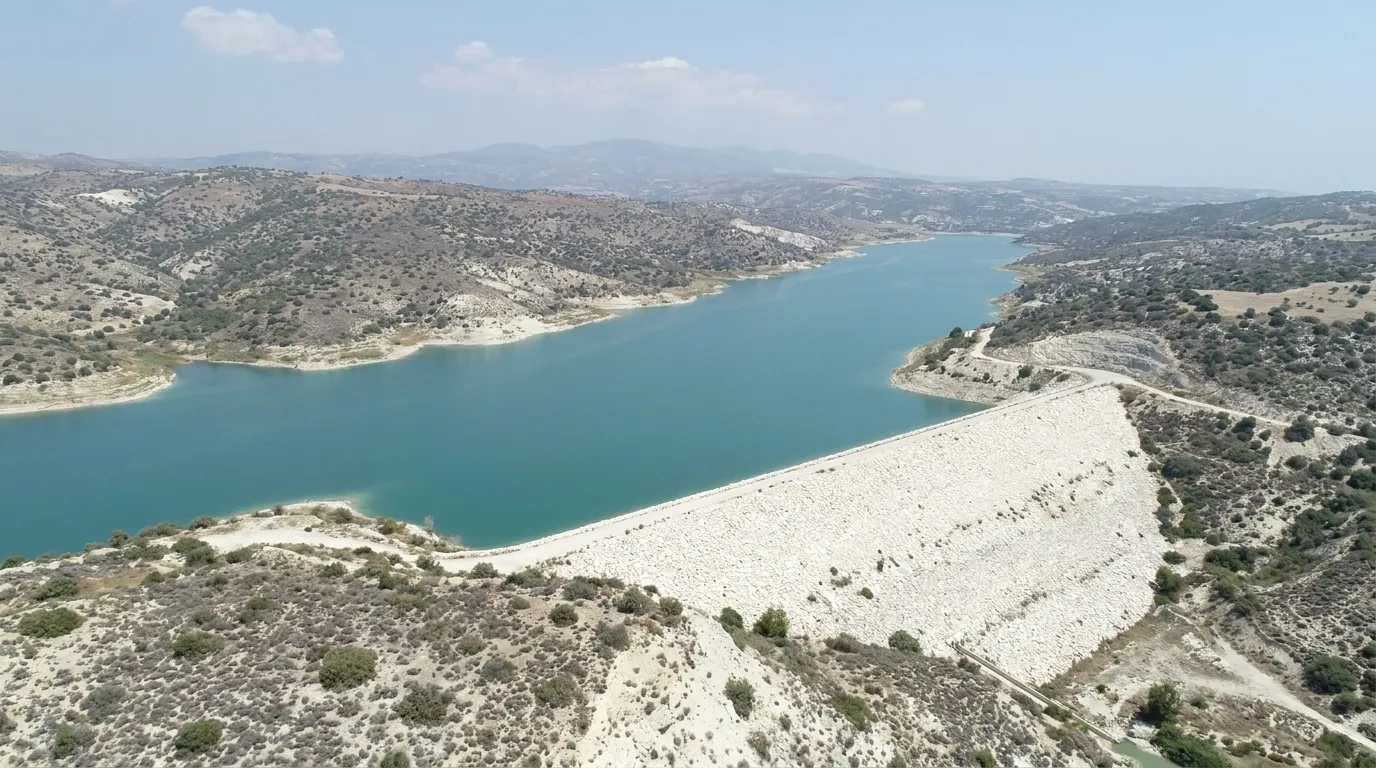 Drone photo of the Evretou reservoir in the Paphos district, Cyprus