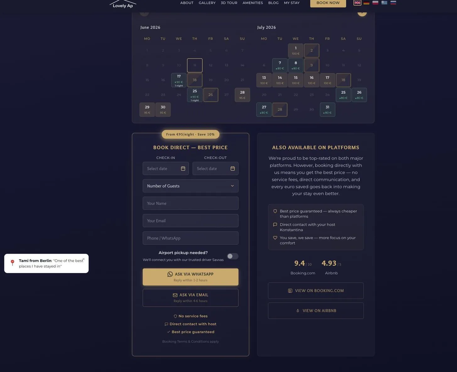 Direct booking form with availability calendar