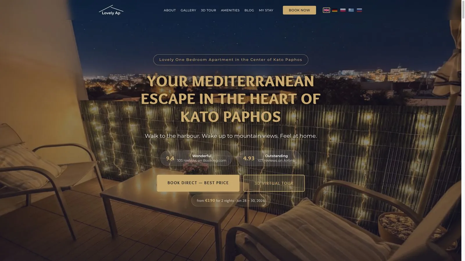 Hero of the apartment website with direct booking call to action